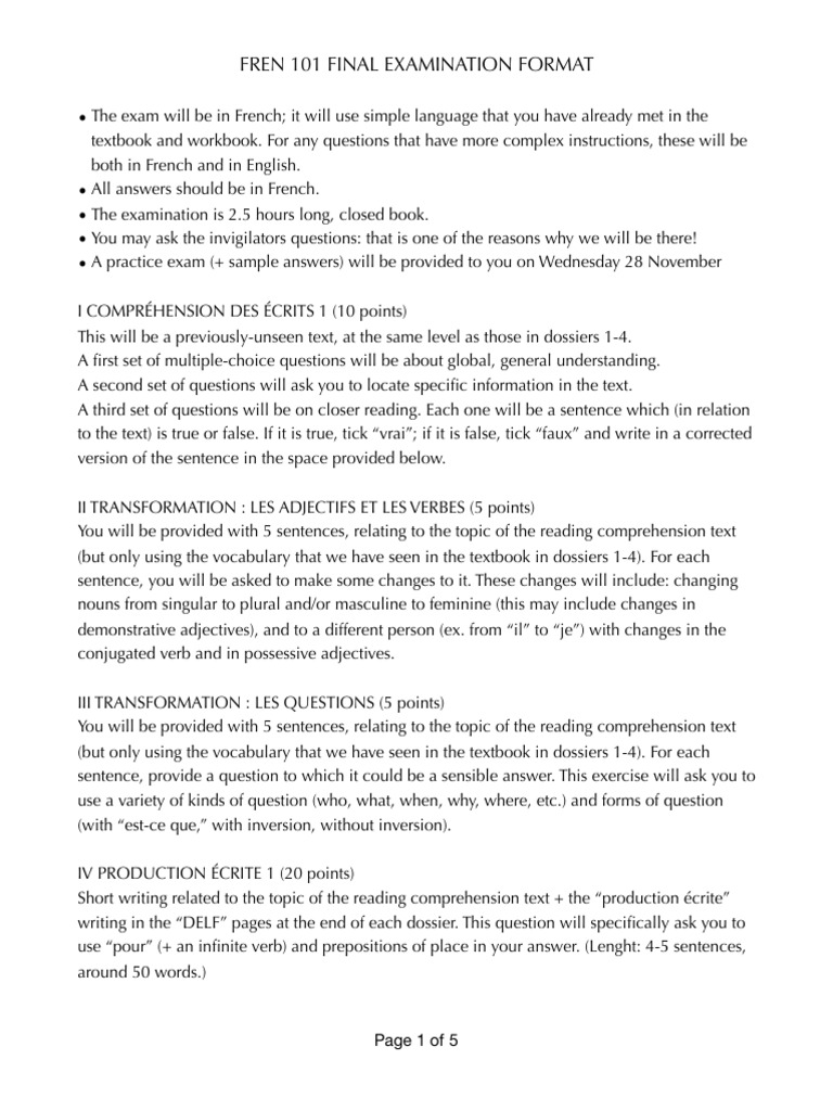 FREN 101 Final Exam Format Guide | PDF | Reading Comprehension ...