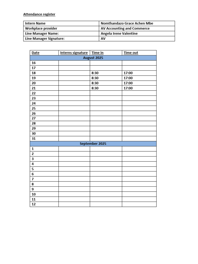 Intern Attendance Register Template | PDF