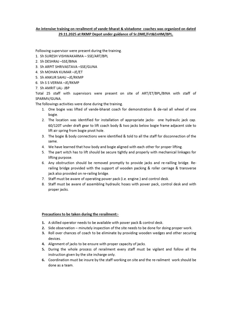 Rerailment Training for Vande Bharat Coaches | PDF