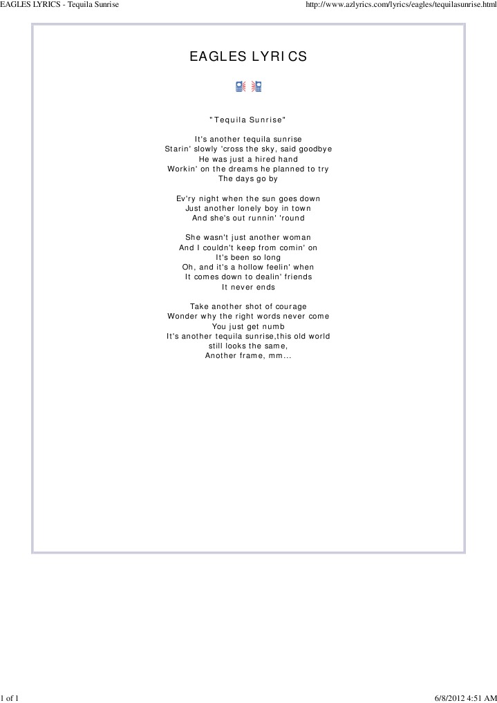Eagles Lyrics Tequila Sunrise PDF