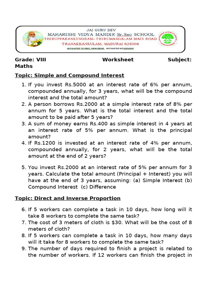 Grade 8 Maths Worksheet | PDF | Area | Interest