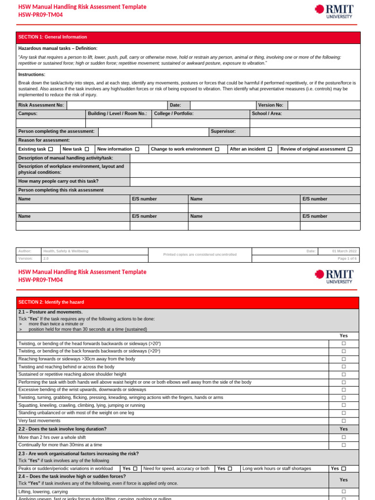 HR HSW PR34 TM01 HSW Manual Handling Risk Assessment Template | PDF ...