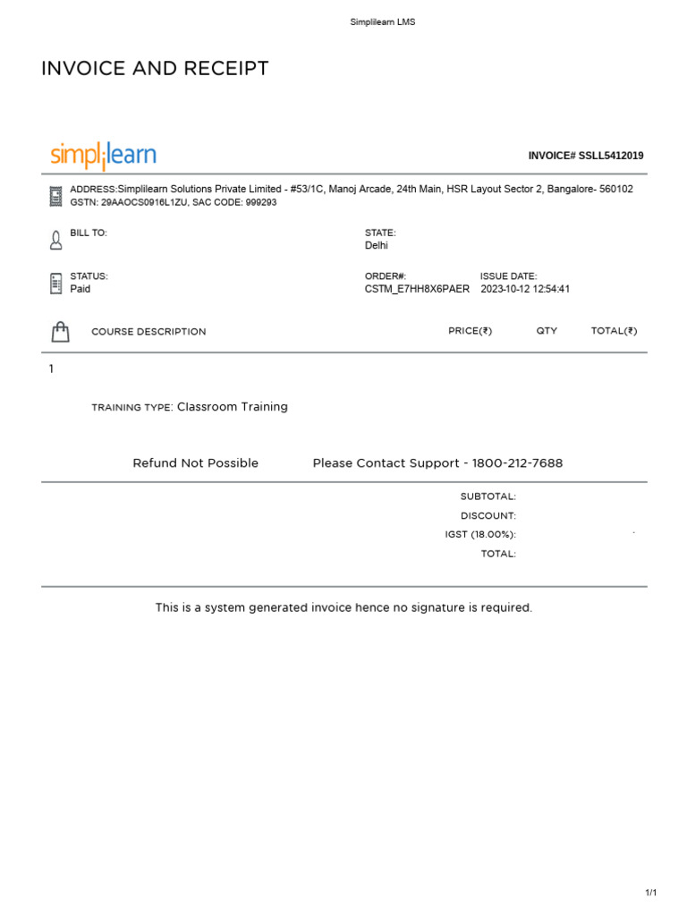 Simplilearn Invoice for CSM Training | PDF | Accounting | Business ...