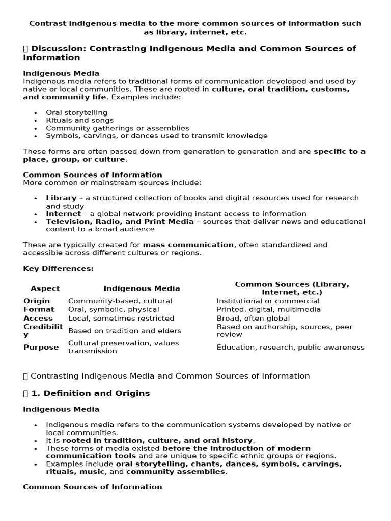 Indigenous vs. Common Media Sources | PDF | Mass Media | Oral Tradition
