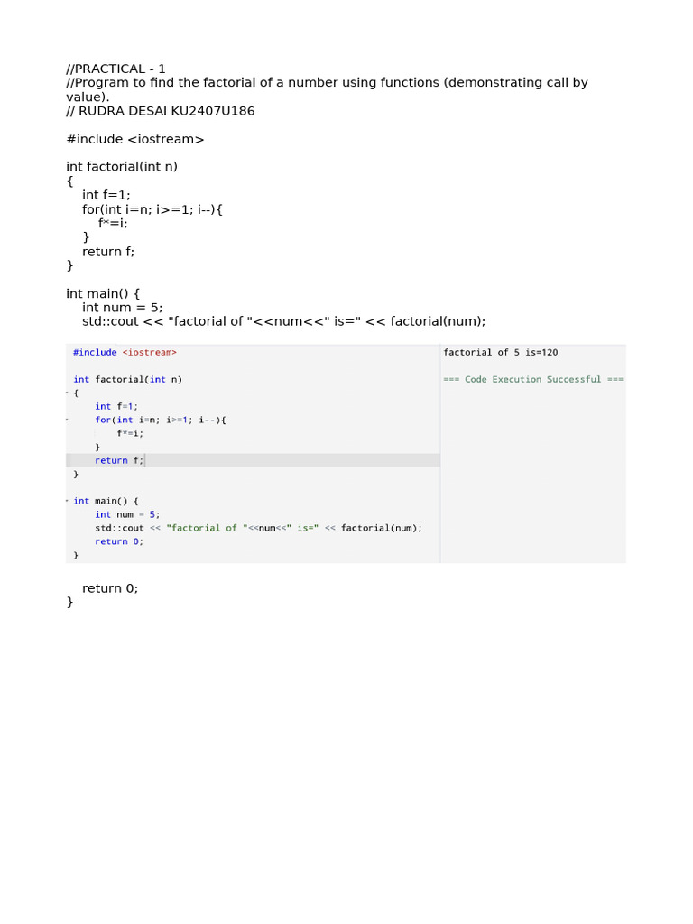 Factorial Calculation in C++ Functions | PDF