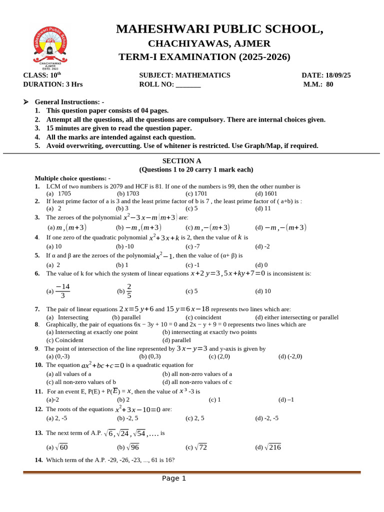 Class 10 Mathematics Term-I Exam 2025-26 | PDF | Square Root | Polynomial