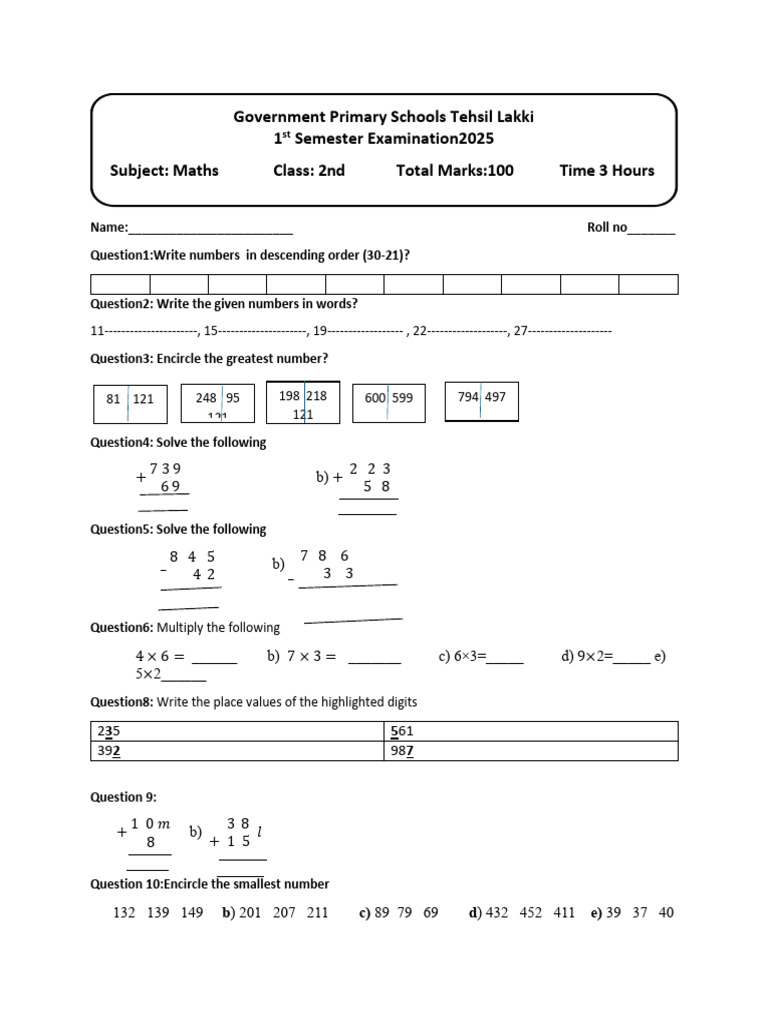2nd Grade Math Exam Questions | PDF