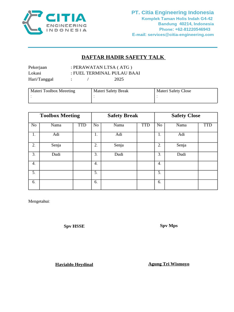 Daftar Hadir Safety Talk LTSA 2025 | PDF
