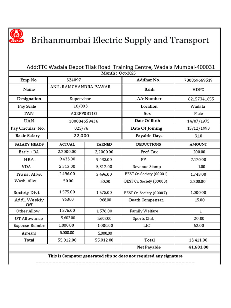 Brihanmumbai Salary Slip for October 2025 | PDF | Taxes | Government ...