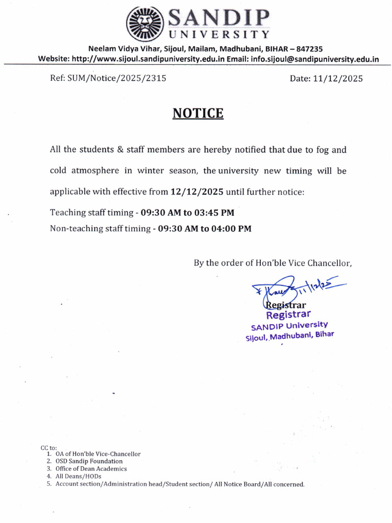 Notice For Timing For Winter Season | PDF