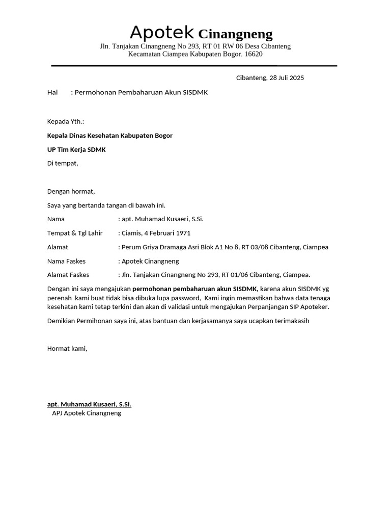 Permohonan Pembaharuan Akun SISDMK Apotek | PDF