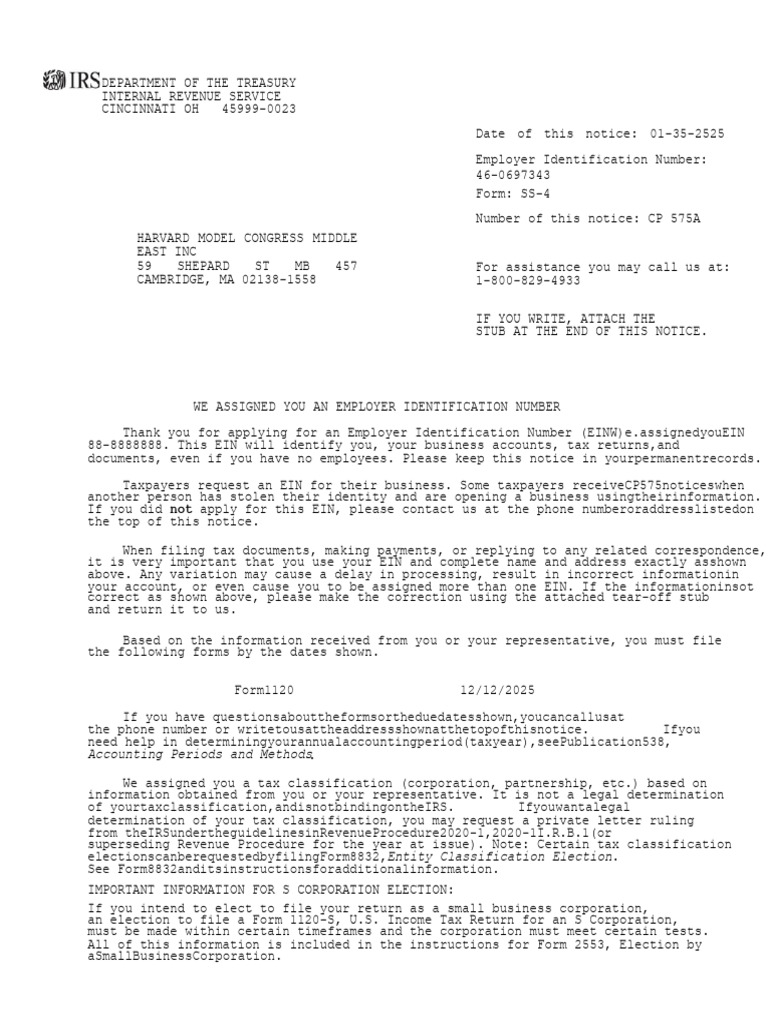 IRS EIN Assignment Notice for Harvard Model Congress | PDF | Internal ...