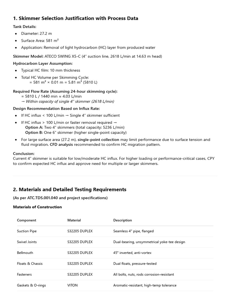 Skimmer Selection Justification With Process Data | PDF | Pipe (Fluid ...
