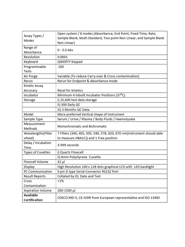 Advanced Assay Instrument Specifications | PDF