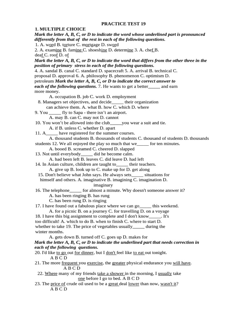 English Practice Test 19: Vocabulary & Grammar | PDF | Salt | Lake