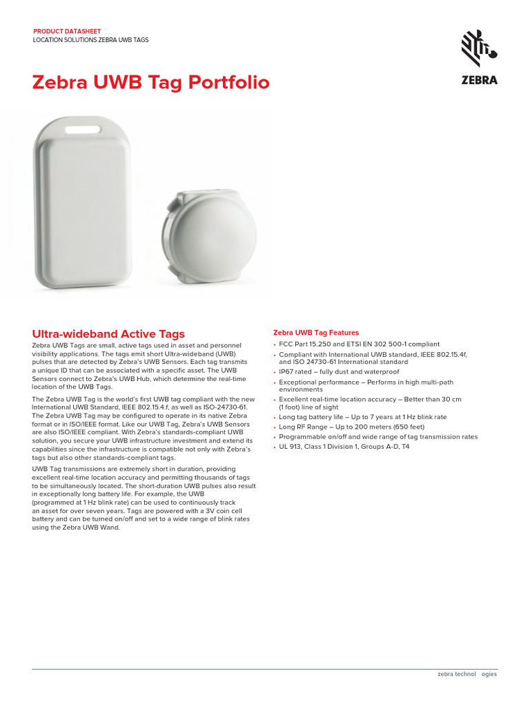 Zebra UWB Tag Features and Specifications | PDF | Ultra Wideband | Wireless