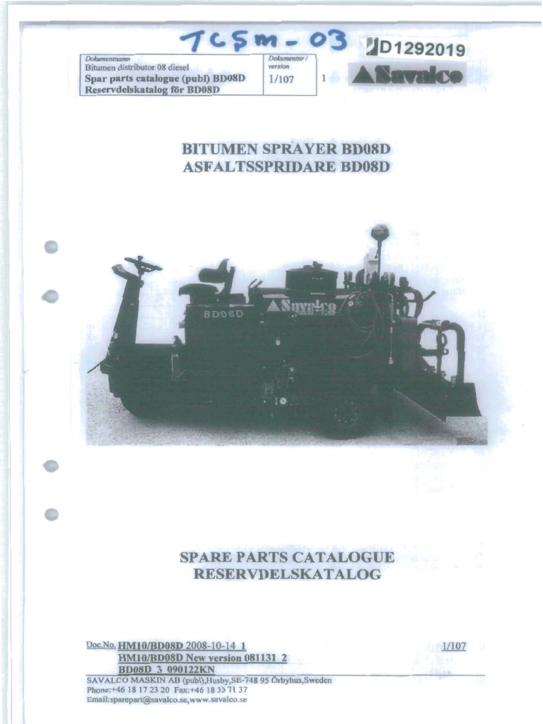 Salvaco Bitumen Sprayer Parts Manual TCSM | PDF