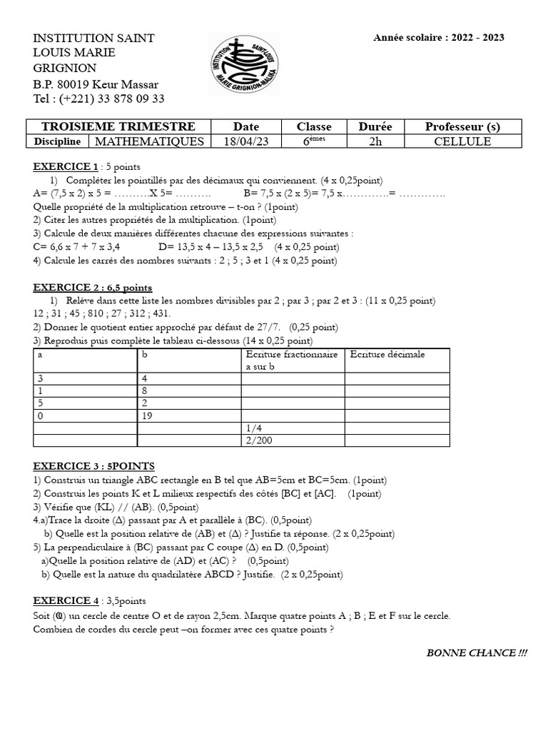 Exercices de mathématiques 6ème 2023 | PDF | Géométrie | Géométrie ...