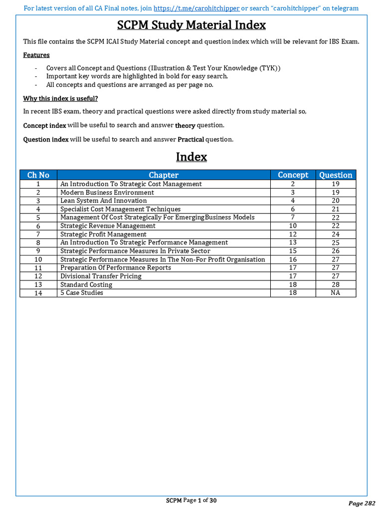 SCPM Study Material Index for CA Final | PDF | Six Sigma | Pricing