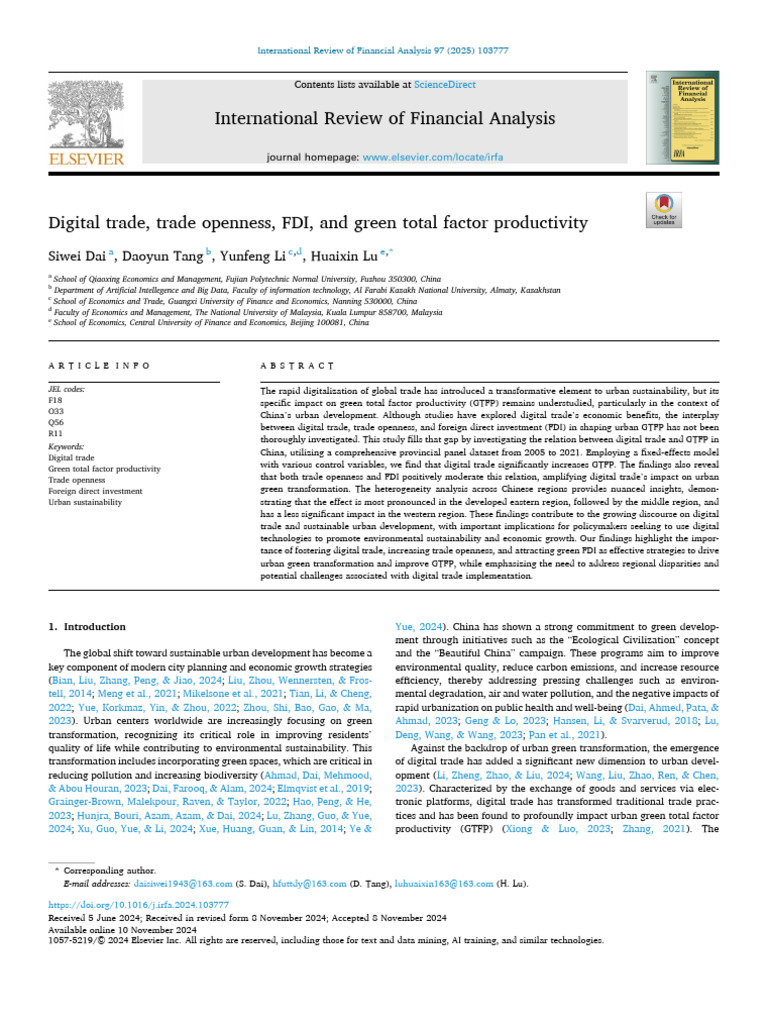 Digital Trade and Green Productivity in China | PDF | Economic Growth ...