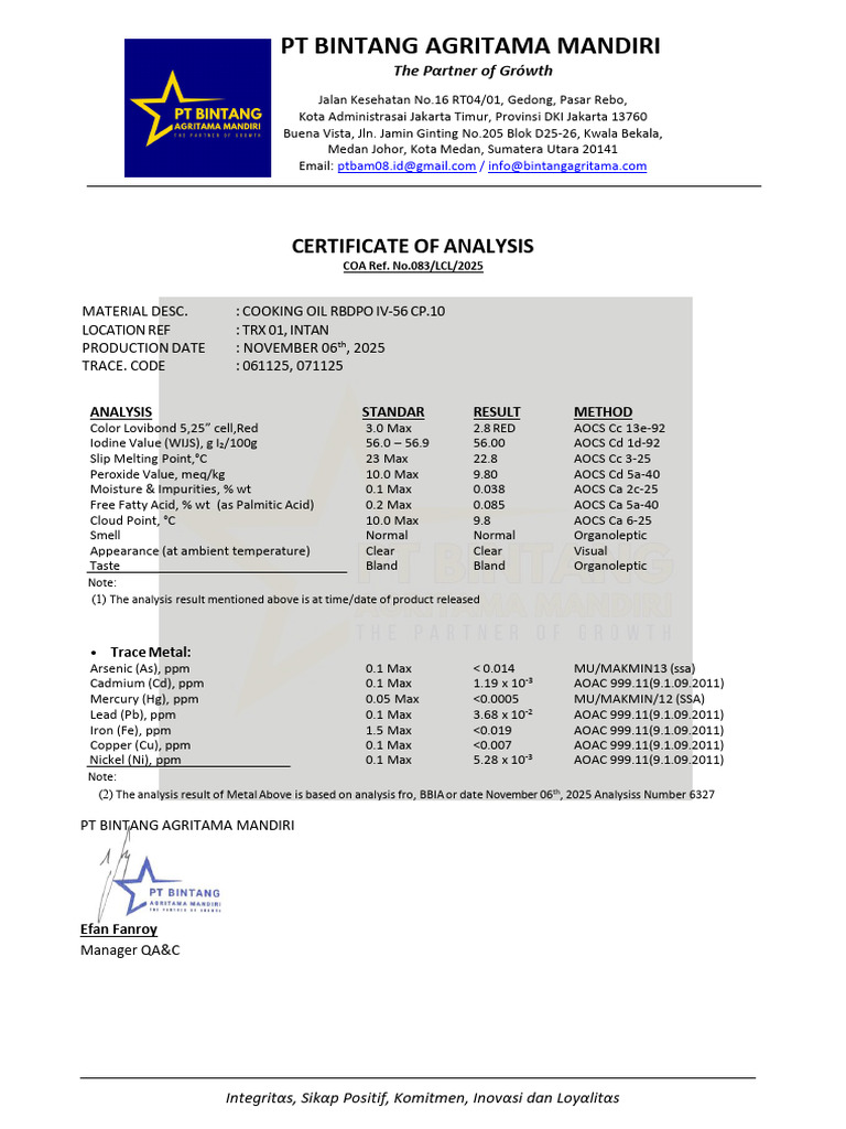 Cooking Oil COA Analysis Report | PDF | Chemical Substances | Chemistry