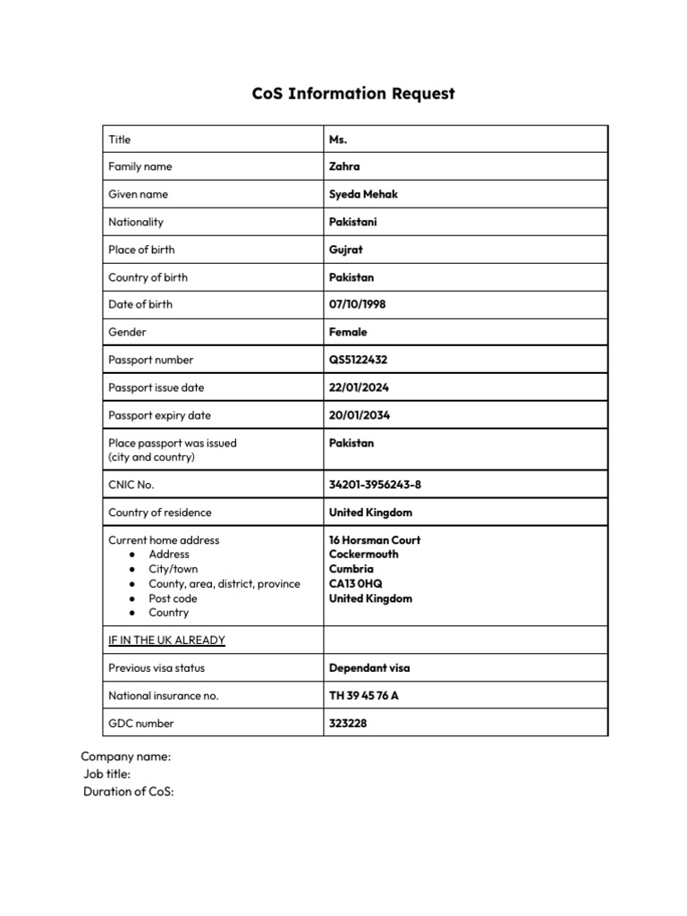 CoS Information Request for Syeda Mehak Zahra | PDF