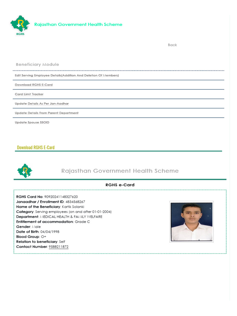 Rajasthan Government Health Scheme E-Card | PDF | Identity Document ...