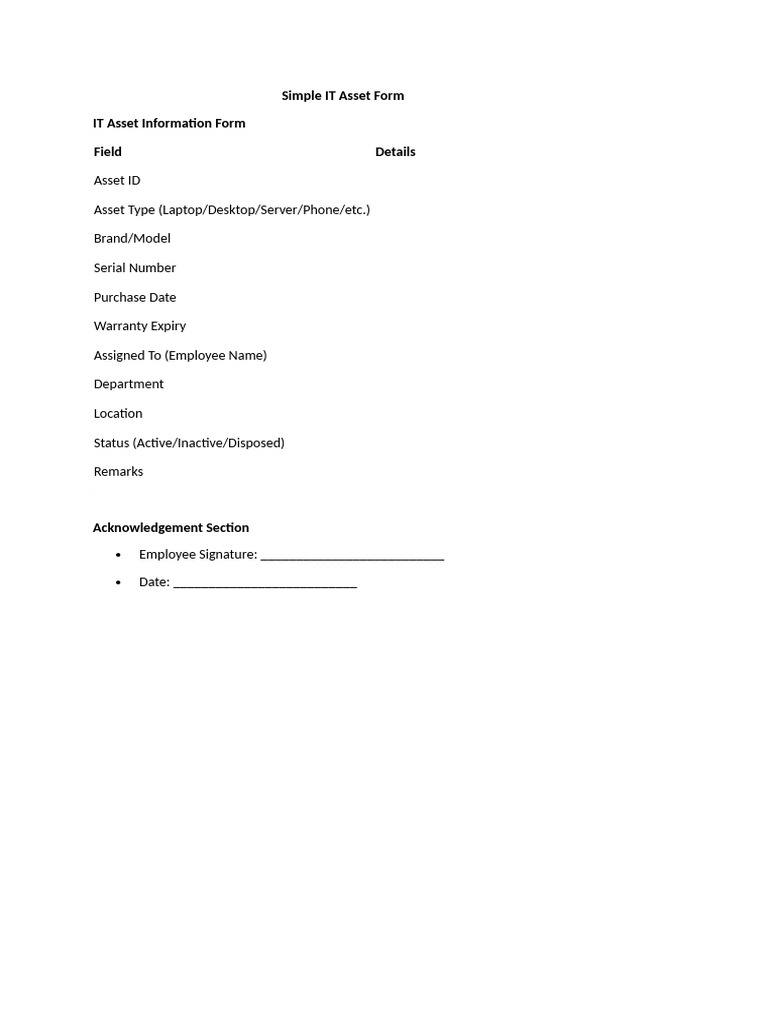 IT Asset Information Form Template | PDF