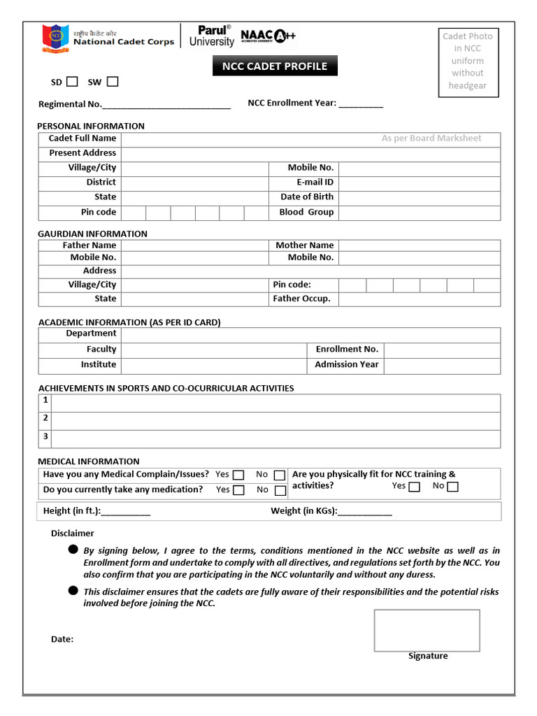 NCC Cadet Profile and Training Record | PDF | Military Education And ...