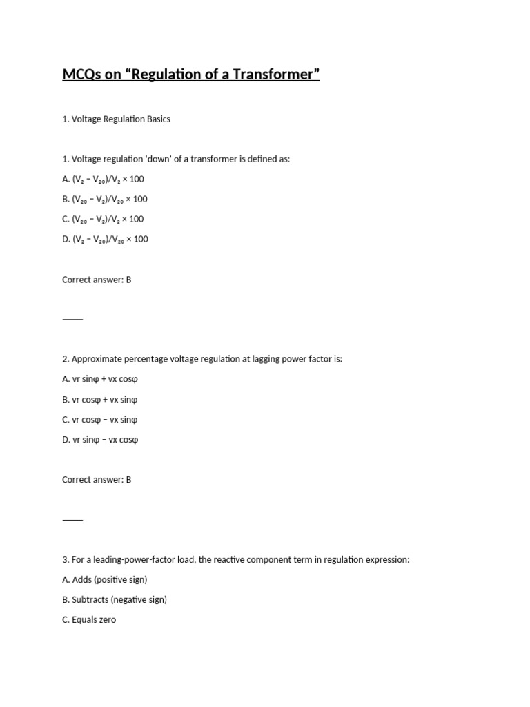 Transformer Regulation MCQs Guide | PDF | Transformer | Electrical ...