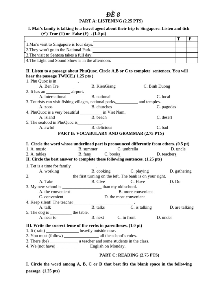 Listening and Language Skills Test for Grade 6 | PDF | Linguistics