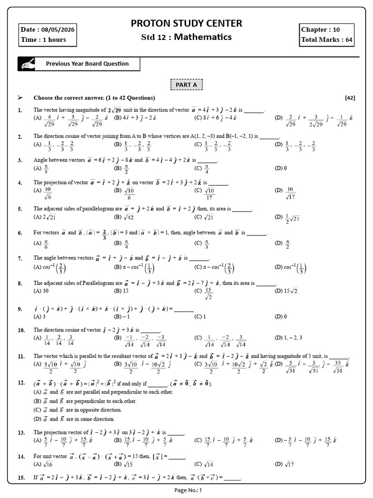 Std 12 Mathematics Vector Questions | PDF | Euclidean Vector | Area