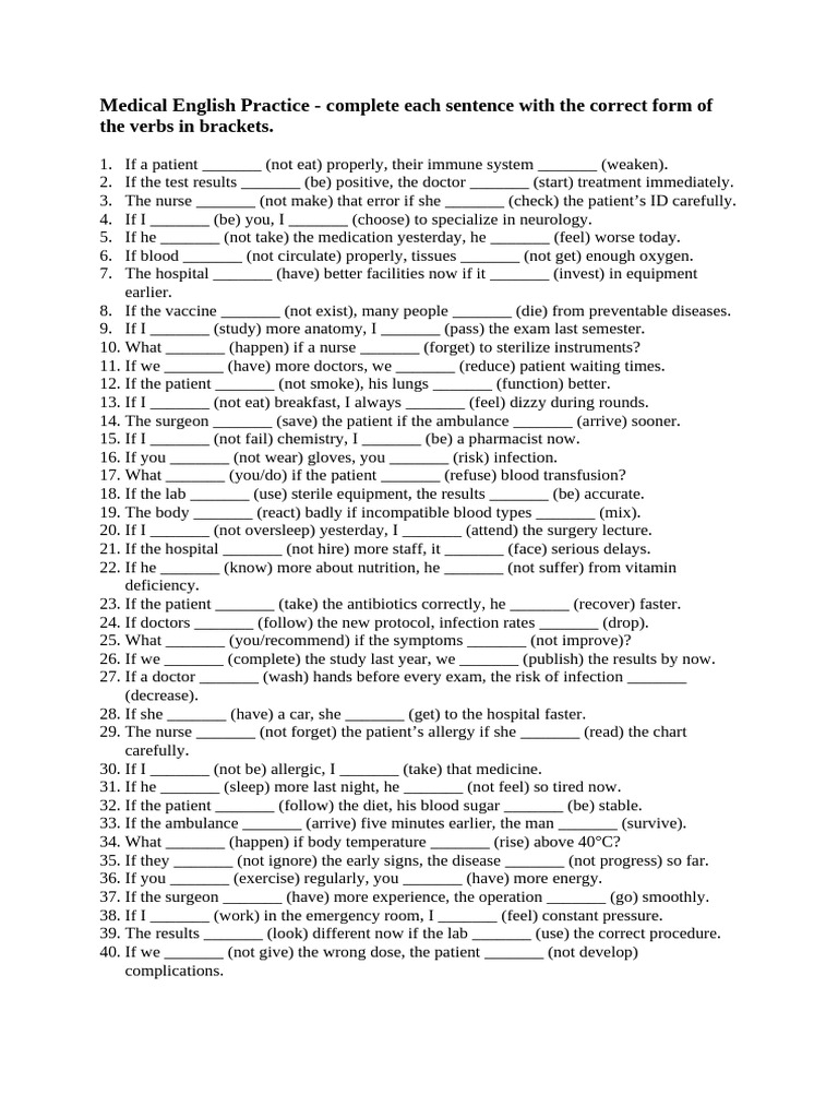 Medical English Verb Practice Exercises | PDF | Allergy | Patient