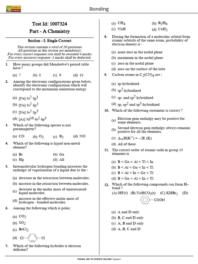 Chemistry Test Questions and Answers | PDF | Materials Science ...