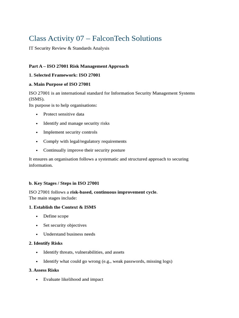 ISO 27001 Risk Management for FalconTech | PDF | Security | Computer ...