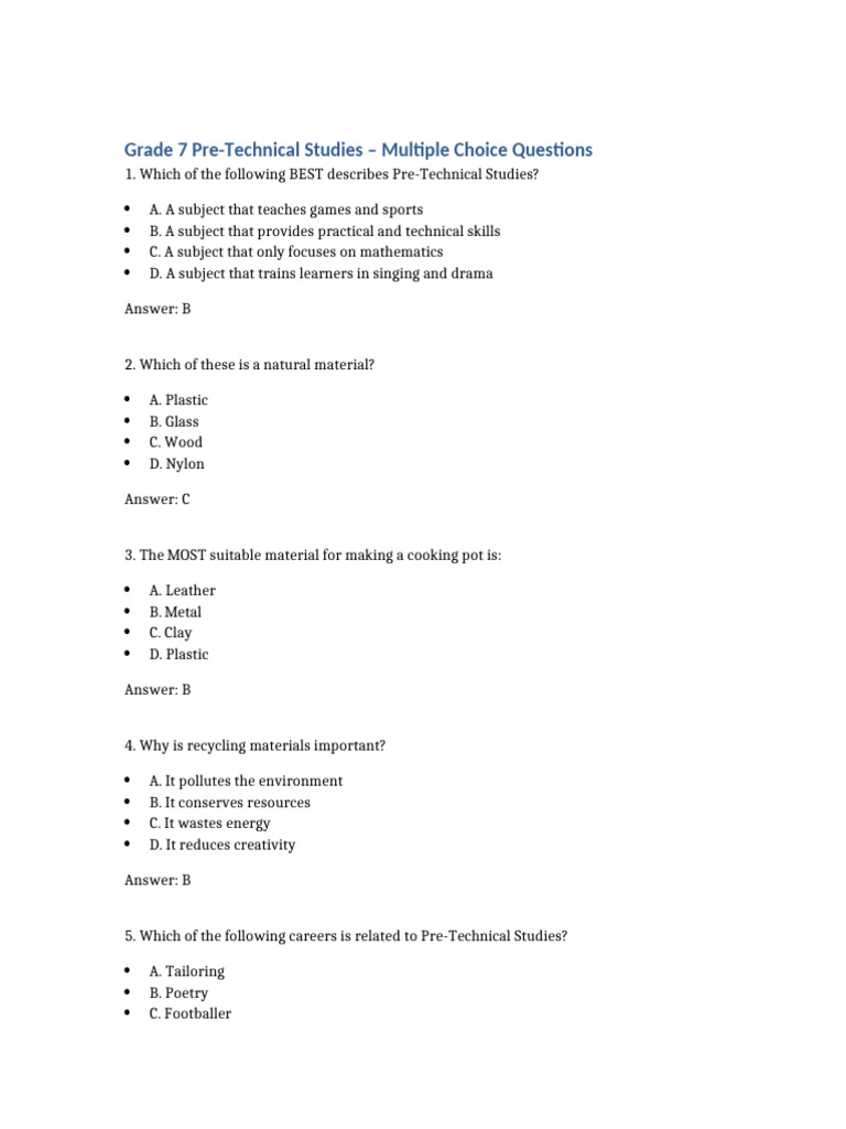 Grade 7 Pre-Technical Studies Quiz | PDF | Communication | Recycling