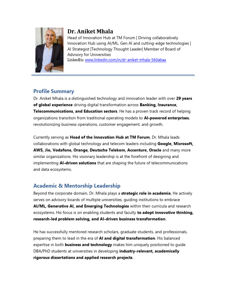 Dr. Aniket Mhala: AI Innovation Leader | PDF | Artificial Intelligence ...