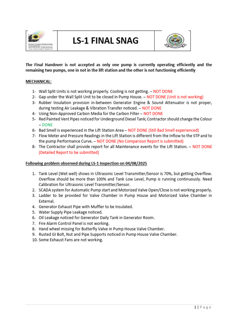 LS-1 Final Snag Report Summary | PDF