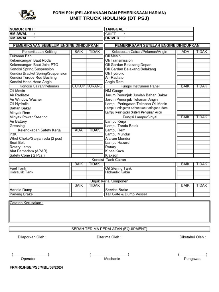 Form P2H Pemeriksaan Harian Truck | PDF
