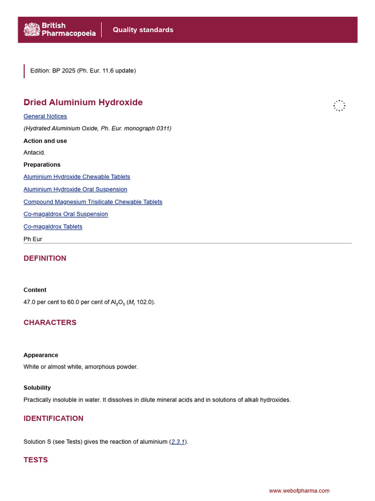Hydrated Aluminium Oxide Monograph BP 2025 | PDF | Hydroxide | Sodium ...