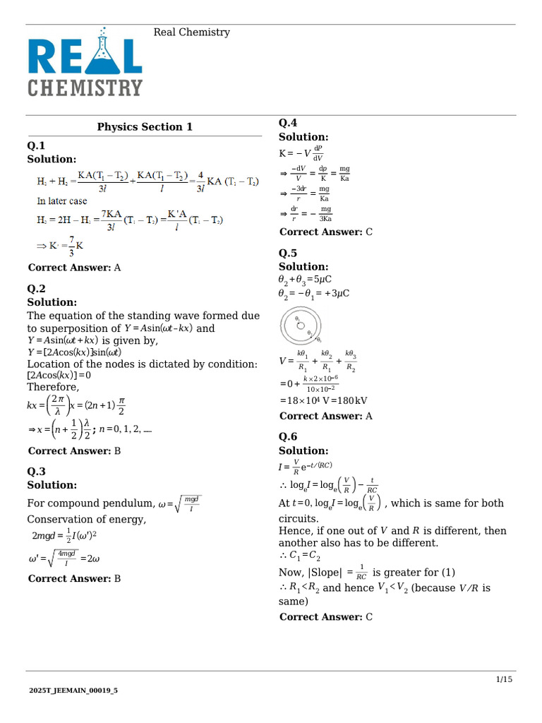 JEE Main 2025 Physics & Chemistry Solutions | PDF | Classical Mechanics ...