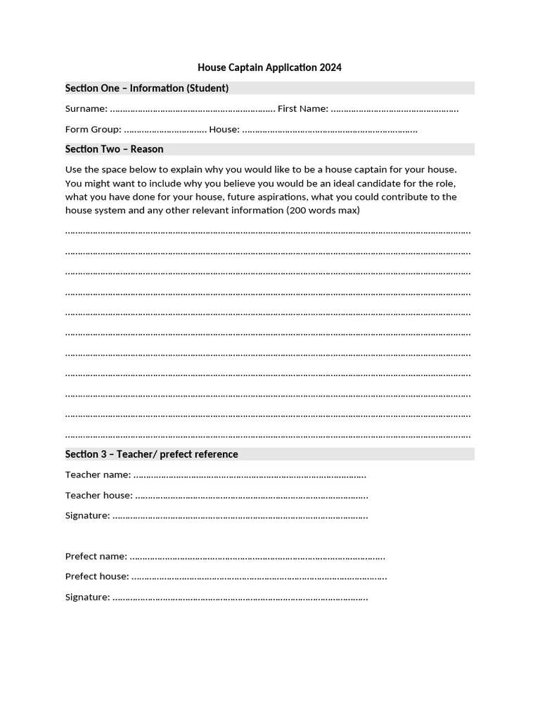 House Captain Application 2024 Form | PDF
