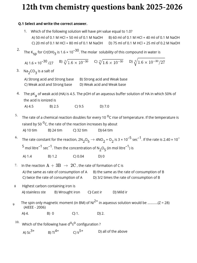 Chemistry Exam Questions and Answers | PDF | Acid | Chemical Reactions