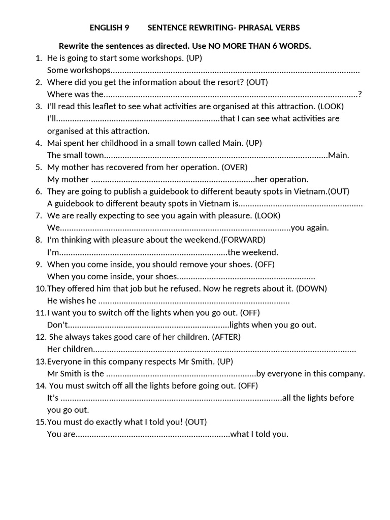 English 9 Sentence Rewriting - Phrasal Verbs | PDF