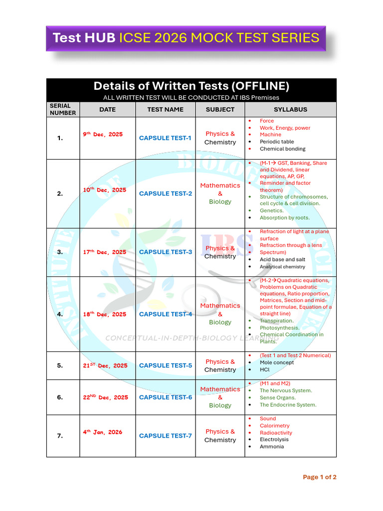 ICSE 2026 Mock Test Series Schedule | PDF | Chemistry | Mathematics
