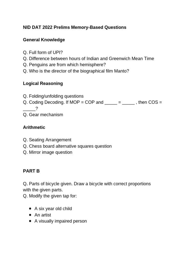 NID DAT 2022 Memory-Based Questions | PDF