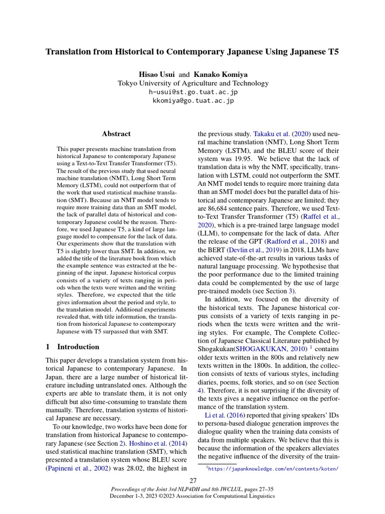 Translation From Historical To Contemporary Japanese Using Japanese T5 ...