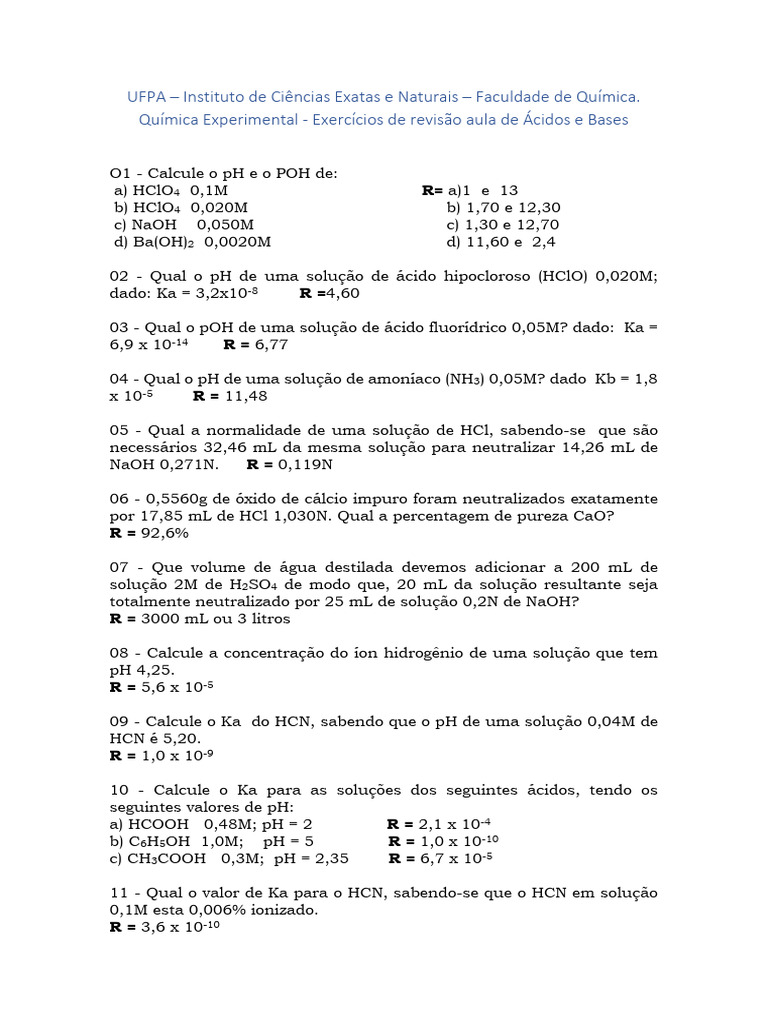 Exercícios de pH e pOH em Química | PDF