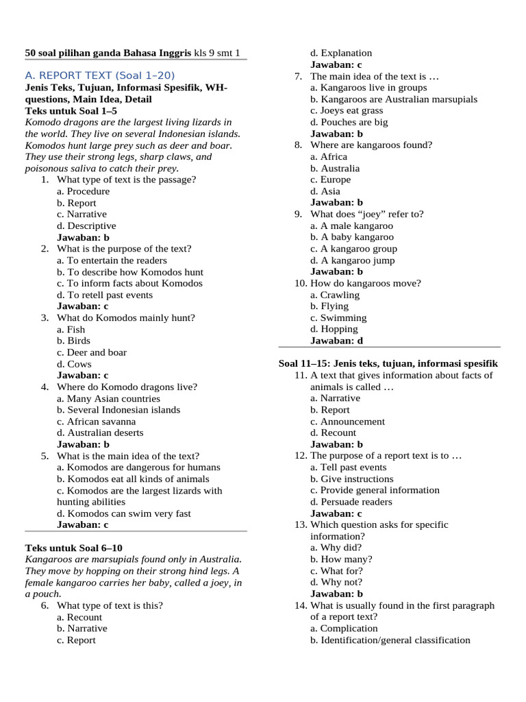 50 English Quiz Questions for 9th Grade | PDF | Marsupials | Komodo Dragon