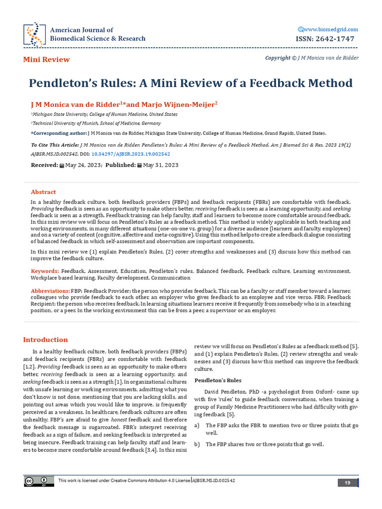 Pendleton's Rules for Effective Feedback | PDF | Learning | Metacognition